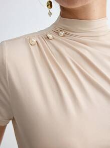 BizChic Women's Stand Collar Pleated Short Sleeve T-Shirt, Basic Top, Suitable For Outings, Office, Business Casual, Autumn - Apricot - View 11