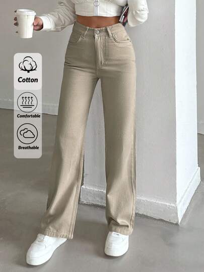 EURMUSE 100%Cotton HIGH RISE BEIGE WIDE LEG PETITE SIZE JEAN