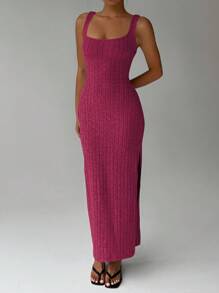 FavEase 女式纯色方领露背开衩扭腰背部设计无袖长裙女装 - 玫紅色 - 查看 3