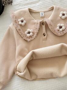 LMoss Kids LMoss 女童纯色彼得潘领3D立体花卉休闲卫衣，套头衫，秋季款，长袖上衣 - 杏色 - 查看 4