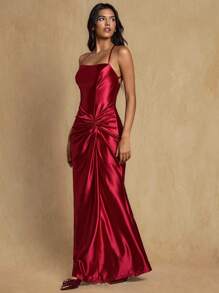 Glamine 女士红色缎面吊带裙，优雅修身连衣裙 - 紅色 - 查看 7