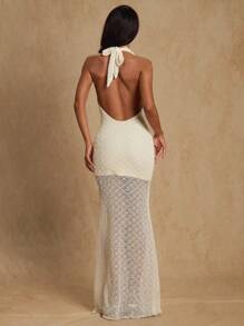 Glamine 夏季新款性感度假超长透视连衣裙，时尚镂空性感女装 - 杏色 - 查看 2