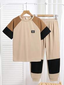 SHEIN 2pcs/Set Tween Boy Casual Versatile Color Block Round Neck T-Shirt & Long Pants Set, Suitable For Commuting, School, Daily Casual Wear, Sports, Spring/Summer - Khaki - View 8