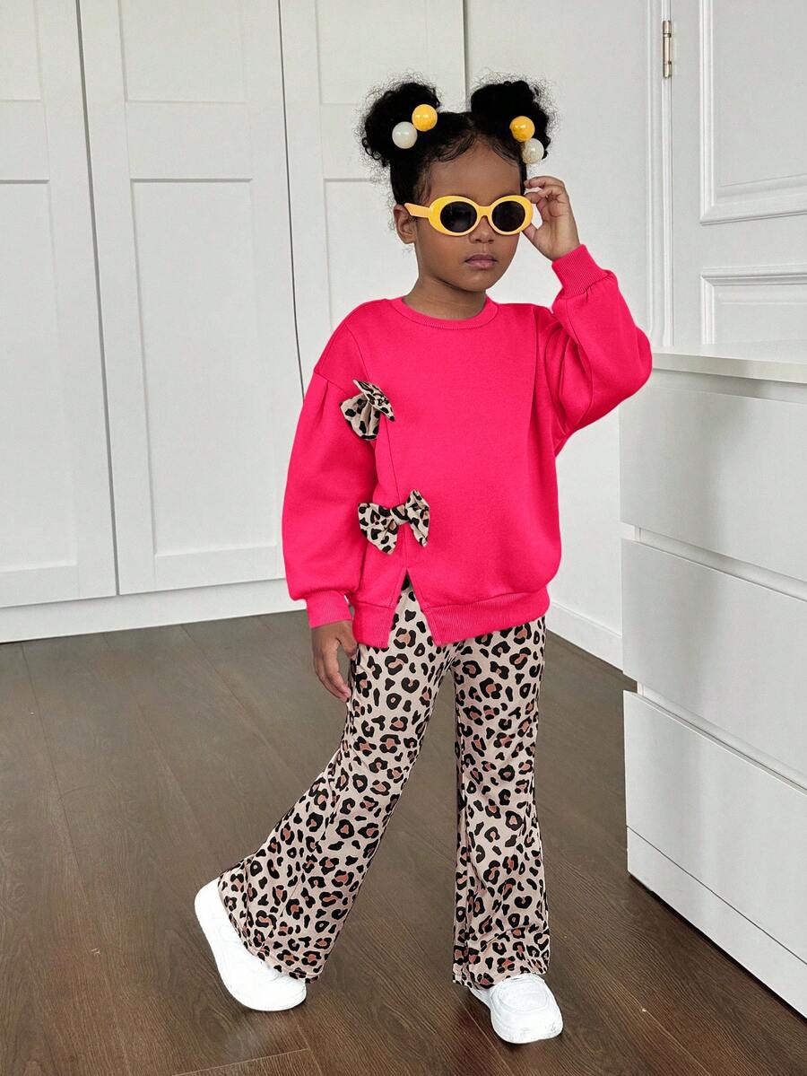 SHEIN 2pcs Young Girl Crew Neck 3D Leopard Print Bow Knit Sweater And Pants Set,Girls Cheetah Outfit For Autumn,School,Back-To-School Comfy Fall Winter - Hot Pink - View 1