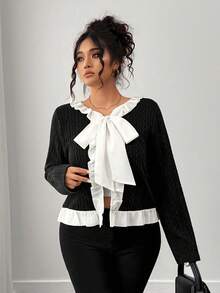 Elenzga Plus Size Elegant Commuter Color Block Ruffle Tie Jacket Fall Winter Cloth For Women Autumn - Black - View 4