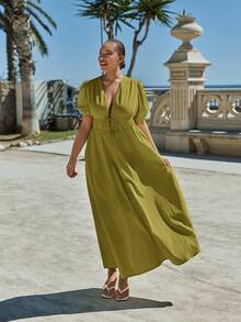 Maija 大码女式纯色休闲优雅深 V 领公主袖泡泡袖短袖腰褶长裙，夏季海滩，优雅，商务休闲 - 橄欖綠 - 查看 6