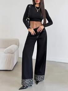 EURMUSE Women's Fashionable Casual Leopard Print Patchwork Loose Wide-Leg Jeans - Black - View 4