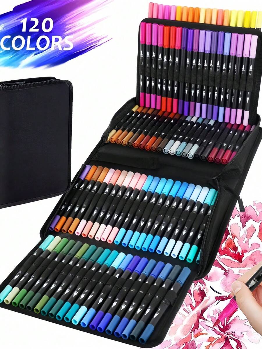 SHEIN 168/120/100/80/72/60/48/36 PCS Double Tip Marker Pen Set Washable Brush Pen Art Supplies No Bleed Through Paper Waterproof Vibrant Colors Professional Artist Markers DIY Graffiti Drawing Tools Sketching Coloring Set Perfect Gift For Back To School Art Collection - Multicolor - View 1