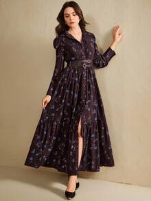 Anewsta Váy buộc eo họa tiết hoa thanh lịch hiện đại dành cho nữ, hàng mới về mùa thu/đông - Màu đỏ tím - Xem 5