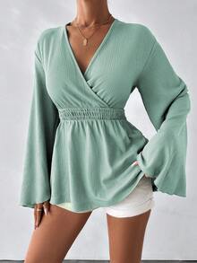 SHEIN LUNE VCAY女士深V領後綁帶聚集腰部特殊夏季面料上衣 - 綠色 - 查看 4