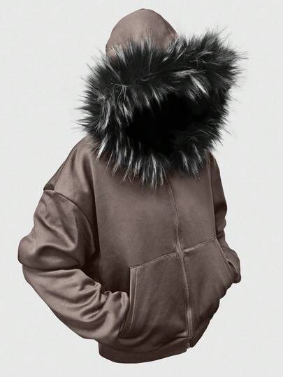 Street Life Men's Fluffy Collar Loose Short Style Sweatshirt Sweatshirt, Streetwear