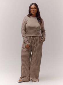 MUSERA Top Bordada de Manga Longa com Listras Plus Size, Elegante, Casual e Chique para Mulheres, Ideal para Férias, Primavera e Verão - Multicolorido - Visão 3