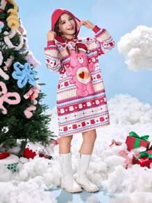 SHEIN X Care Bears 秋冬款 Tween 女童圣诞熊与雪花印花撞色宽松落肩粉色卫衣连衣裙 - 粉色 - 查看 4