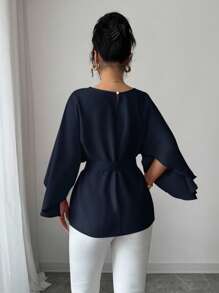 Selianne 女式法式圆领蝙蝠袖腰带亮红色衬衫，春夏 - 藏蓝色 - 查看 2