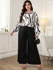SHEIN Clasi 2pcs/Set Plus Size Casual All-Over Print Drop Shoulder Lantern Sleeve Shirt And Wide Leg Pants, Business Casual Women Outfit, Abstract Print Long-Sleeve Shirt & Wide-Leg Pants Set, Everyday Wear, Business Casual Wear
