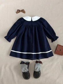 PrepCrw 女婴学院风领口拼色长袖连衣裙 - 藍白色 - 查看 2