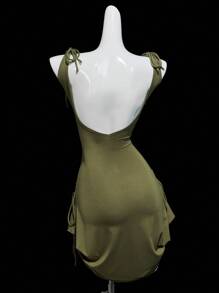 SHEIN ICON Backless Tie-Up Versatile Hem Mini Dress, Fitted - Dark Green - View 2