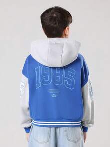 SUMWON Varsity Athletic Limited Edition Tween Boys Jacket Blue Grey Contrast Sleeves Autumn Winter Letter Print College Style Casual Everyday Outerwear With Hood - Blue - View 2