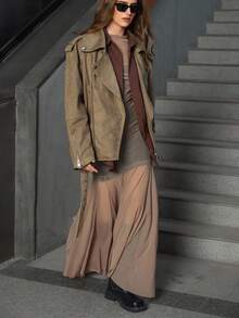 Chiquease Khaki Suede Casual Minimalist Zip-Up Jacket, Fashionable High-End Versatile Streetwear Style For Women - Khaki - View 3