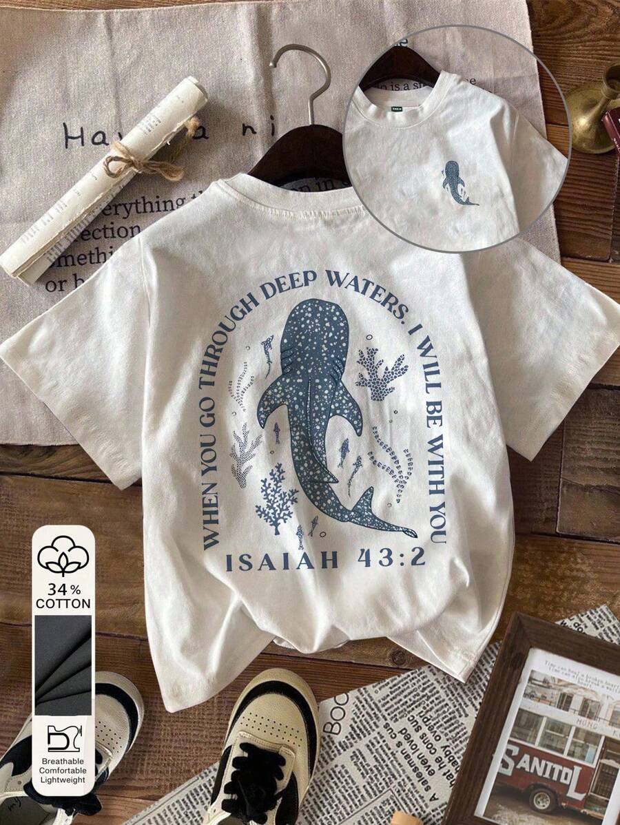 Attitoon Casual Crew Neck Short Sleeve Fitted Women T-Shirt, Suitable For Summer, Beach, Shark Print,Back To School,Vintage,90s,Suitable For Y2k