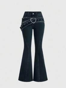 SHEIN x PRISCILA & JIMENA ROMWE Grunge Punk Y2K 复古心形金属扣流苏腰带搭配喇叭牛仔裤，适合女性，适合上学、休闲场合，纽扣拉链低腰喇叭裤腿蓝色修身低腰牛仔裤，春秋季日常休闲穿着 - 藍色 - 查看 3