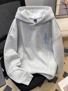 Manfinity Joysei 浅灰色宽松加厚连帽卫衣，男士款，鲸鱼图案设计，沙滩套头衫，适合情侣、海滩度假、休闲穿着，秋冬季款 - 淺灰色 - 查看 2