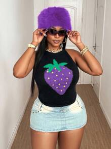 Maweii Plus Size Women's Black Strawberry Pattern Sweater Vest,Cute Everyday Summer Sleeveless Knit,Slim Elegant College Style Vest,Halloween - Multicolor - View 2