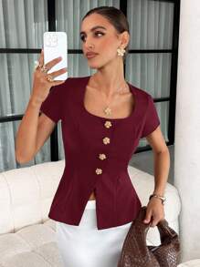 Lavishia 女士方领金属花朵纽扣背心，时尚优雅夏季女装度假休闲商务休闲可爱夏季女式衬衫 - 酒紅色 - 查看 4