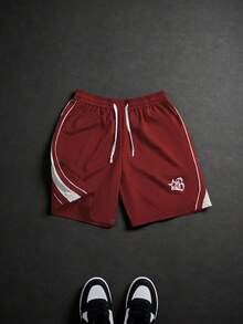 PAVTROS Quần short nam có dây rút in hình ngôi sao năm cánh và chữ màu tương phản - Màu Đỏ Sâu - Xem 5