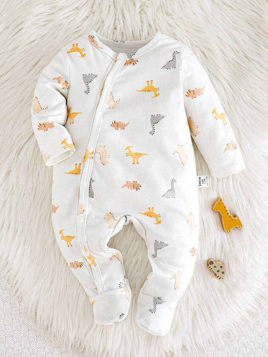 Dozemod 儿童新生儿男童卡通恐龙印花圆领长袖前按扣柔软舒适连体衣 - 彩色 - 查看 1