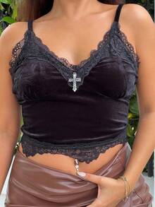NegzBox Gothic Sexy Velvet Cropped Tank Top With Lace Trim And Metal Cross Detail For Women - Black - View 3
