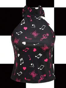 Y2Kool Babi Basques 黑色爱心、音符、蝴蝶、Y2K、少女风女式露背上衣，适合夏季、度假、派对、聚会、日常休闲穿着 - 黑色 - 查看 1