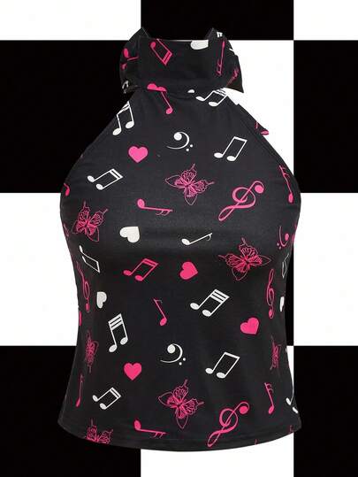 Y2Kool Babi Basques Black Heart, Music Note, Butterfly, Y2K, Girly Women's Halter Neck Top, Suitable For Summer, Vacation, Party, Gathering, Daily Wear Casual
