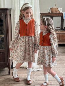 LMoss Kids Set de chaleco casual de unicolor tejido y vestido floral diminuto para niña preadolescente - Multicolor - Ver 6