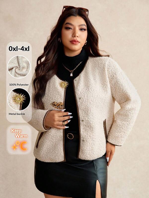 Elaquor Plus Size Women Urban Chic Solid Color Jacket With Metal Buckle, Versatile For Autumn/Winter Fall Fall/Winter