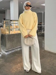 DAZY Women's Solid Color Drop Shoulder Long Sleeve Loose Casual Sweater, Autumn/Winter,Fall Women Clothes Turtleneck Women Modest Fashion School - Yellow - View 5