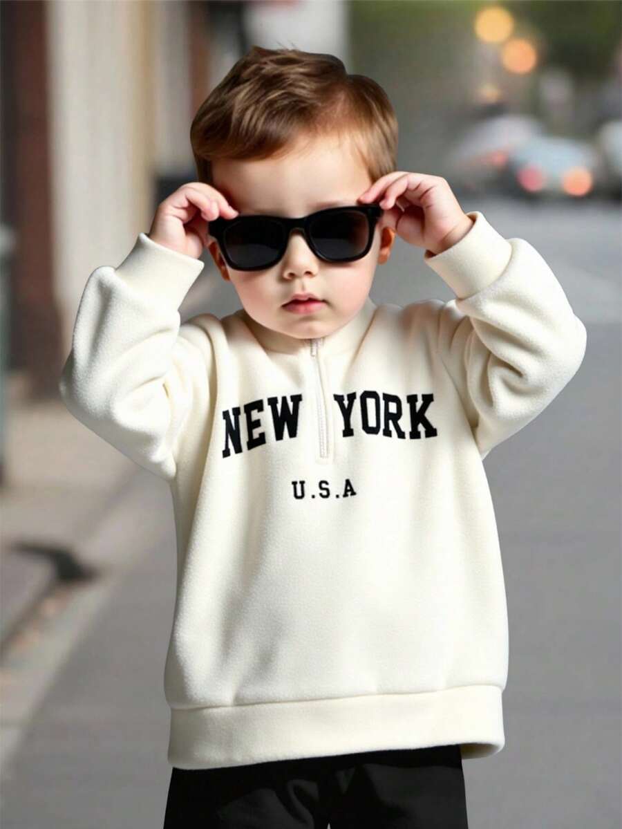 1 Peça Moletom Casual Fofo Diário Versátil para Meninos Jovens, Bordado em Inglês Bege e Branco Felpudo, Gola Alta Solta de Manga Longa, Adequado para Passeios, Escola, Reuniões Diárias, Outono/Inverno - Branco - Visão 1