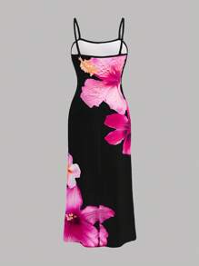 SHEIN 女童花卉图案修身休闲舒适吊带中长连衣裙 - 黑色 - 查看 3