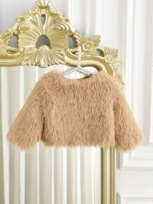 SHEIN Elladie kids Baby Girls' Minimalist Solid Color Plush Short Jacket, Suitable For Outings In Autumn/Winter Fall - Khaki - View 2