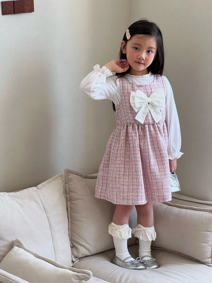 SHEIN 2 pièces/Set Robe rose à carreaux élégante pour filles avec Top à manches longues blanches, décoration de nœud 3D blanc, convient pour les sorties, l'école, les activités extérieures - Multicolore - Voir 1