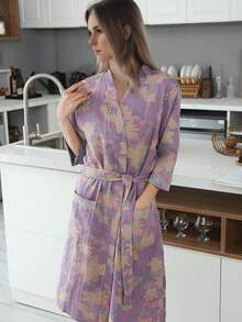 SHEIN 1件 复古图案浴袍 粉色/紫色/蓝色/绿色 纯棉纱布浴袍 纯棉纱布浴袍 夏季浴袍 吸水速干 女士浴袍 可穿戴浴巾 春夏睡衣 双层纱布 粉色/紫色/蓝色/绿色 浴室用品 家居用品 - 彩色 - 查看 6