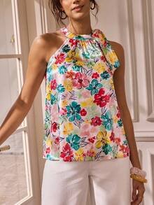 Glamance Yin Creative Studio Women's Elegant Floral Print Halter Neck Blouse, Summer Off The Shoulder Country Outfits Women Casual - Multicolor - View 1