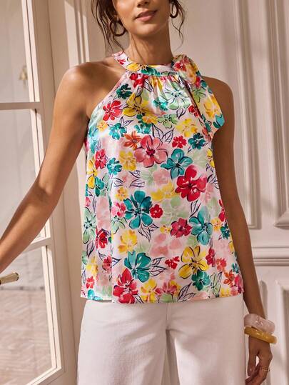 Glamance Yin Creative Studio 女式优雅花卉印花挂脖衬衫，夏季露肩乡村风女式休闲装