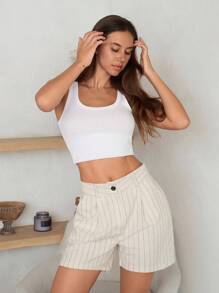 Cloudara Women Solid Color Striped Button And Pocket Detailed Women Shorts - White - View 6