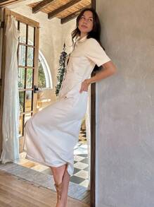 EURMUSE Flap Pocket Button Front Denim Dress - White - View 5