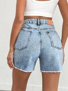 EURMUSE 100%Cotton Back Label And Belt Detailed Rigid Short - Medium Wash - View 2