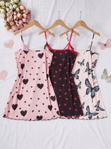 SHEIN 粉色睡衣 3 件套可爱印花女式心形和蝴蝶结印花针织吊带睡袍套装睡衣裙心形印花睡衣裙娃娃装睡衣女式夏季睡衣蝴蝶印花睡裙内衣睡衣舒适优雅细节 - 彩色 - 查看 2