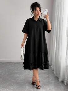 Elenzga Plus Size Casual Vacation Dress With Ruffle Collar Plus Size Ruffle Dress Plus Size Dress Ruffle Dress Plus Size Plus Size Black Dress Plus Size Elegant Black Dress - Black - View 8