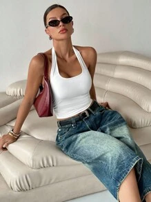 Siren Gaze 女士休闲露背短款上衣，紧身圆领，带衬垫，内置胸垫，胸杯，胸垫可拆卸衬垫，胸垫不可拆卸衬垫，丁字紧身胸衣上衣，胸罩紧身胸衣上衣，紧身胸衣上衣，纯色褶皱衬垫吊带背心 - 白色 - 查看 6