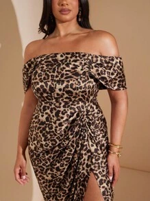 SHEIN BAE Váy xẻ tà họa tiết da báo satin trễ vai cỡ lớn dành cho nữ - màu nâu - Xem 4